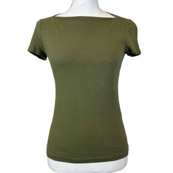 Kate Spade Saturday Boat Neck Tee in Deep Olive Short Sleeve Cotton Size XS - Picture 1 of 8
